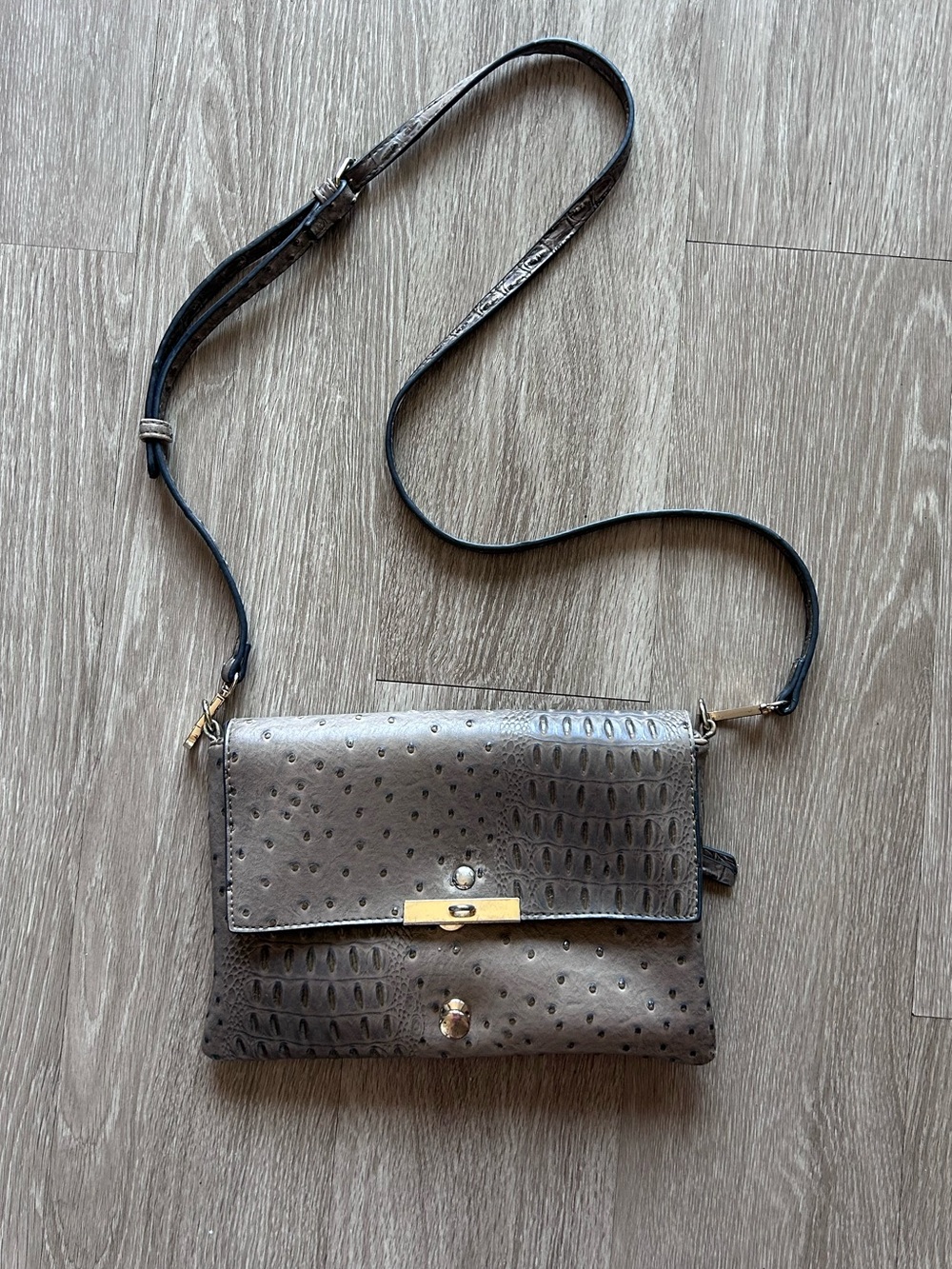Le Miel Gray Ostrich & Croc Embossed Crossbody Flap Bag - GUC Flaws